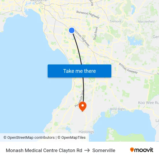 Monash Medical Centre Clayton Rd to Somerville map