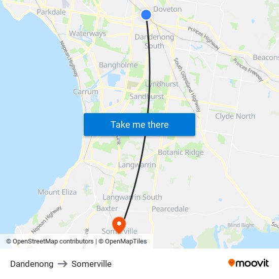 Dandenong to Somerville map