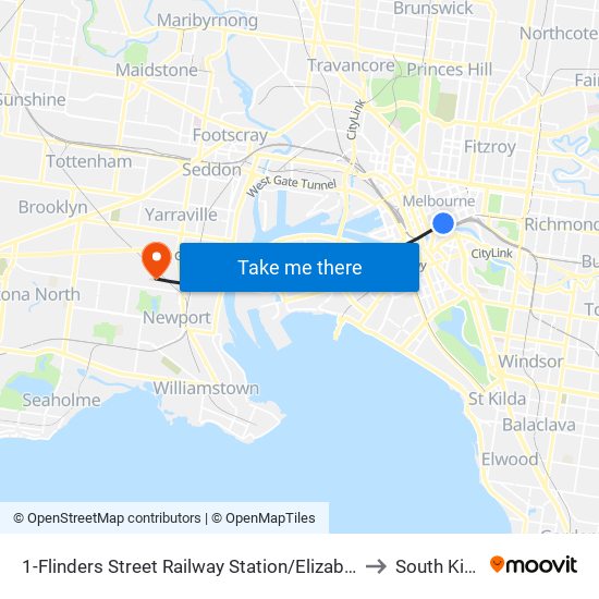 1-Flinders Street Railway Station/Elizabeth St (Melbourne City) to South Kingsville map