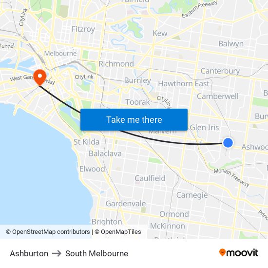 Ashburton to South Melbourne map