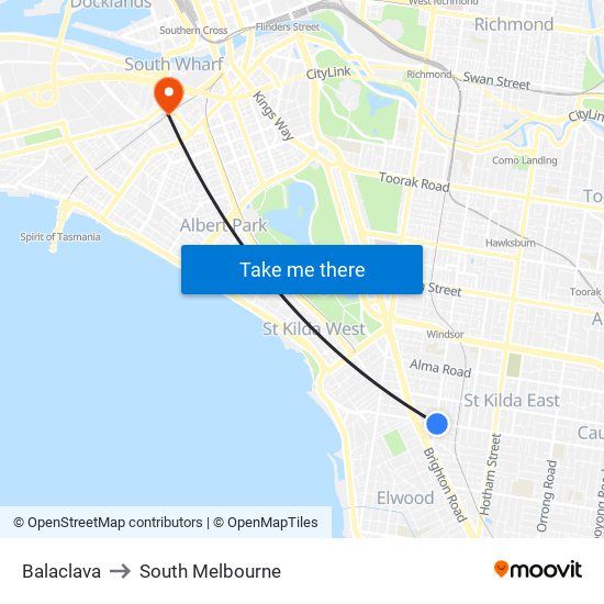 Balaclava to South Melbourne map