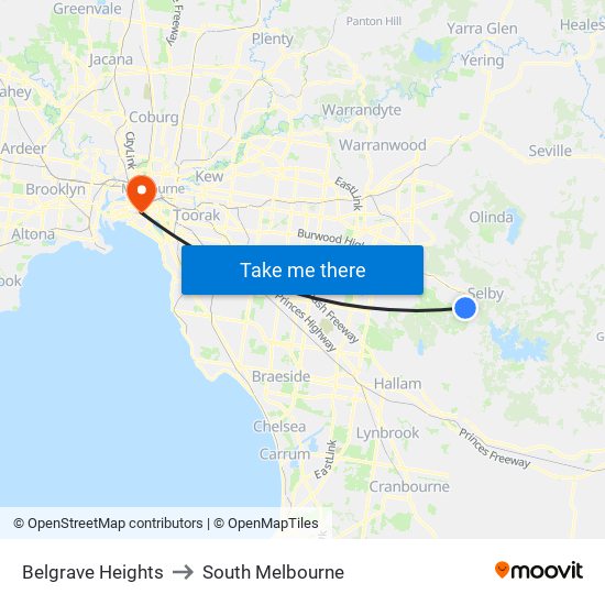 Belgrave Heights to South Melbourne map