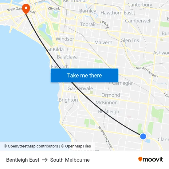 Bentleigh East to South Melbourne map