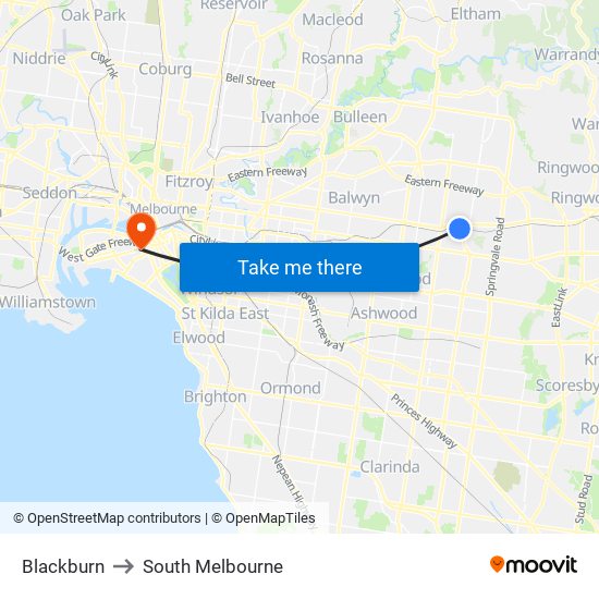 Blackburn to South Melbourne map