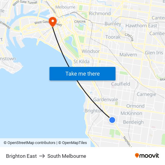 Brighton East to South Melbourne map