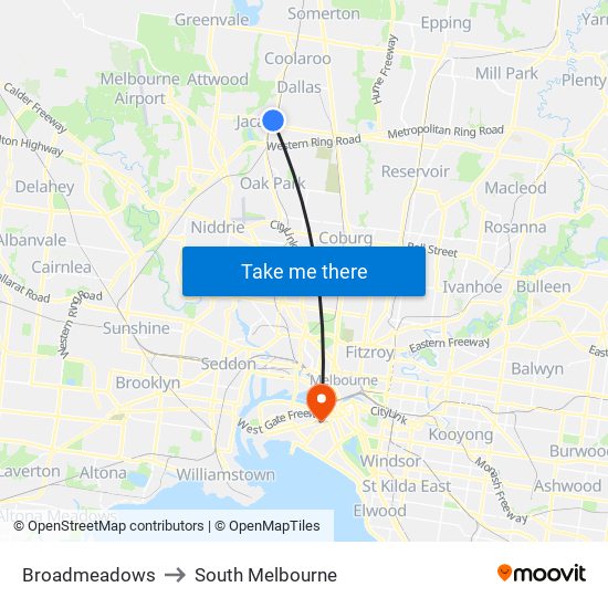 Broadmeadows to South Melbourne map