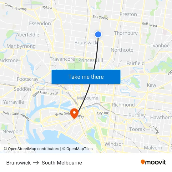 Brunswick to South Melbourne map