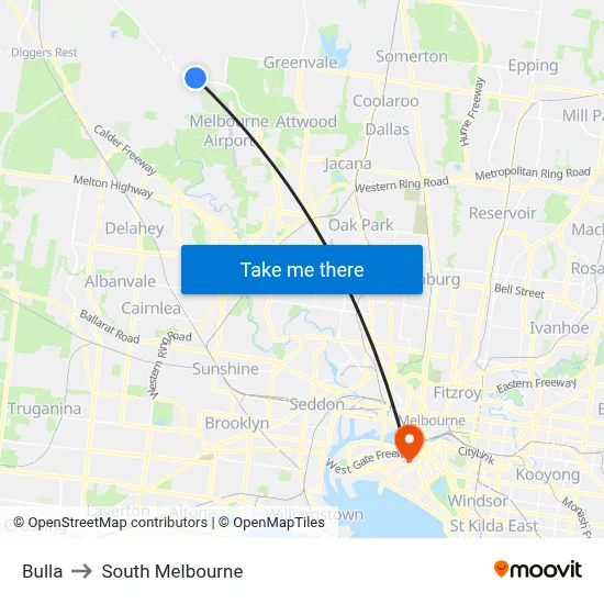 Bulla to South Melbourne map