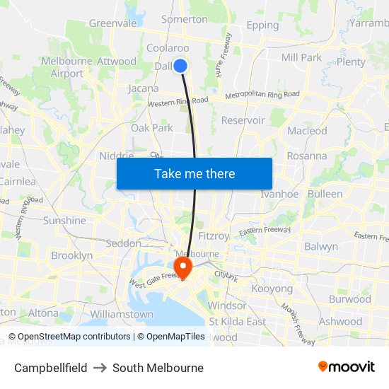 Campbellfield to South Melbourne map