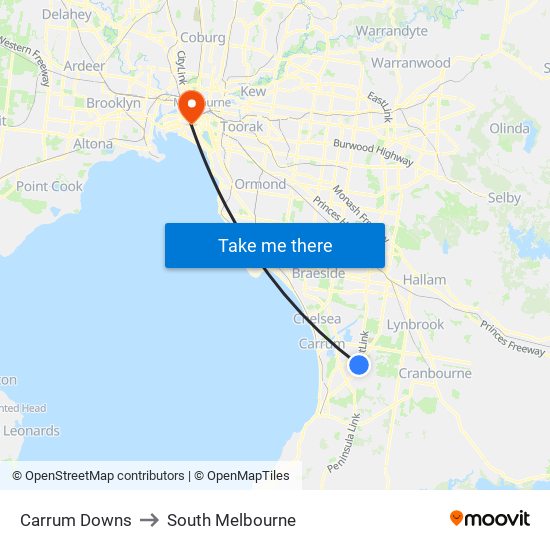Carrum Downs to South Melbourne map