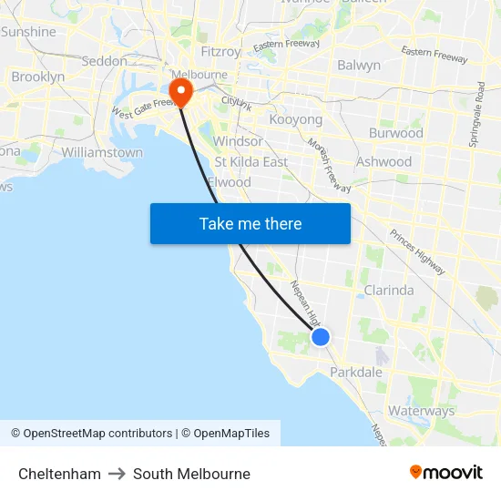 Cheltenham to South Melbourne map