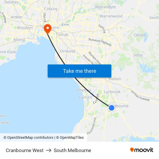 Cranbourne West to South Melbourne map