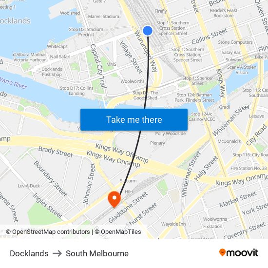 Docklands to South Melbourne map