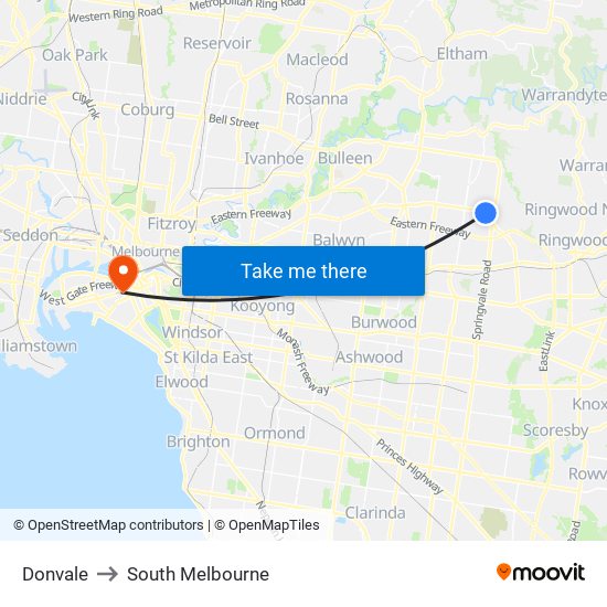Donvale to South Melbourne map
