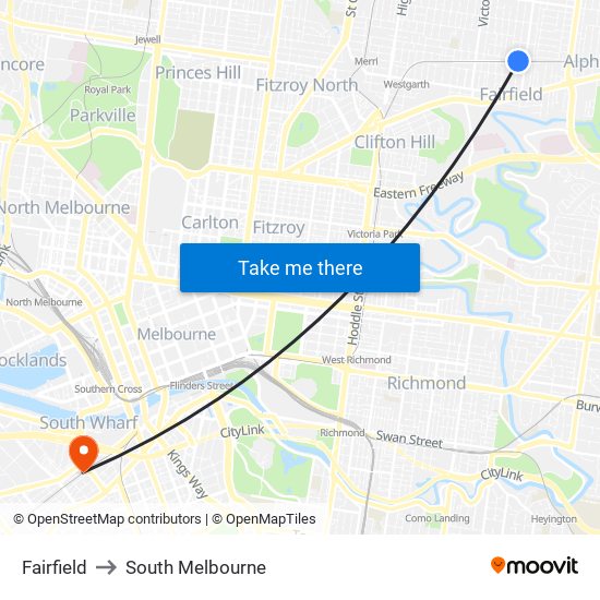 Fairfield to South Melbourne map