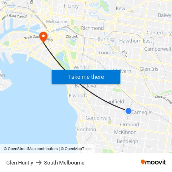 Glen Huntly to South Melbourne map