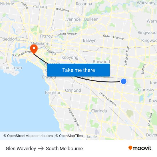 Glen Waverley to South Melbourne map