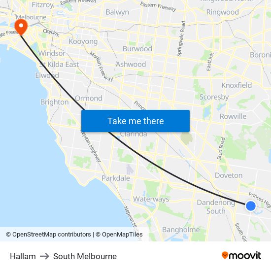 Hallam to South Melbourne map