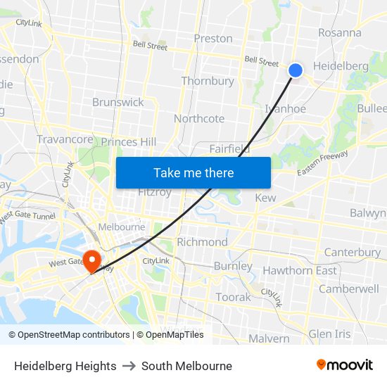 Heidelberg Heights to South Melbourne map