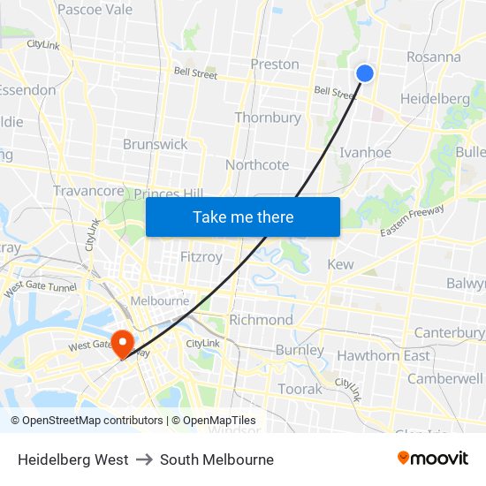 Heidelberg West to South Melbourne map