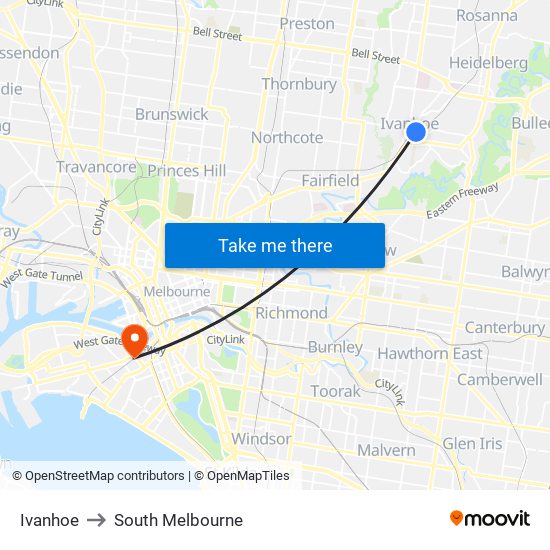 Ivanhoe to South Melbourne map