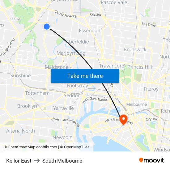 Keilor East to South Melbourne map