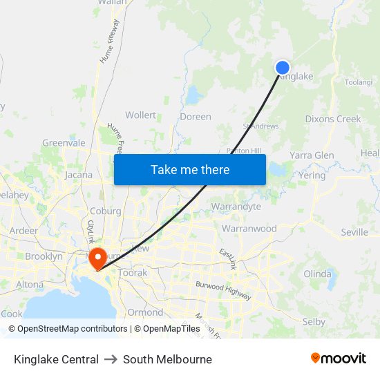 Kinglake Central to South Melbourne map