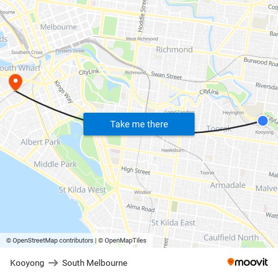 Kooyong to South Melbourne map