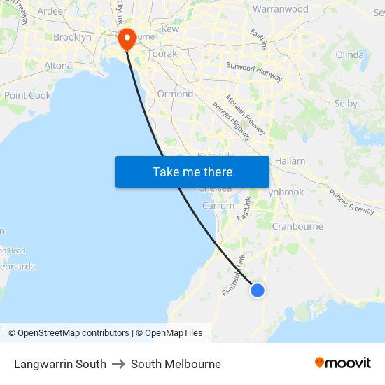Langwarrin South to South Melbourne map