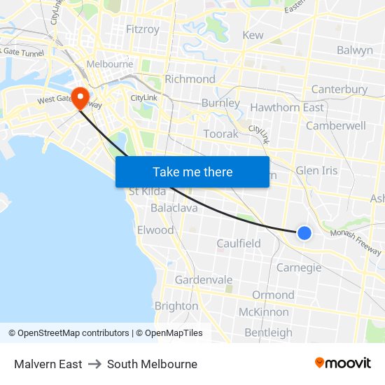 Malvern East to South Melbourne map