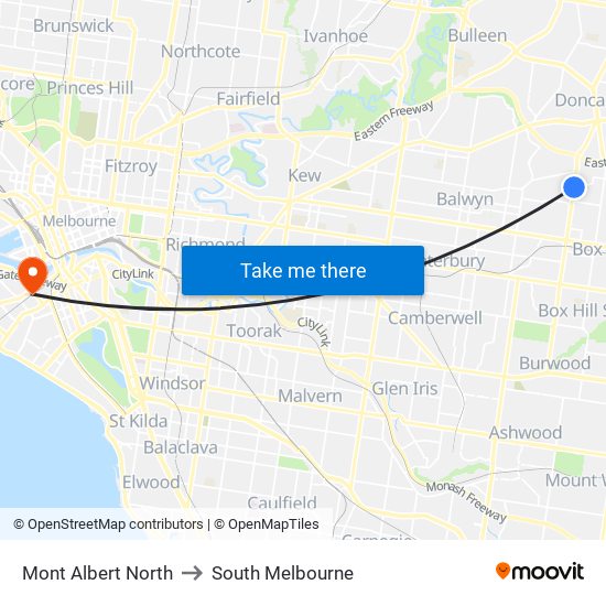 Mont Albert North to South Melbourne map