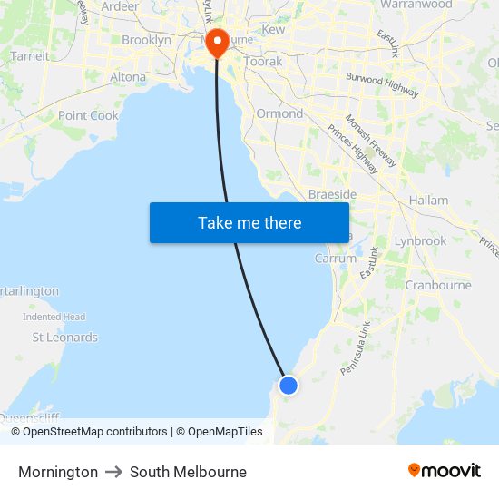 Mornington to South Melbourne map