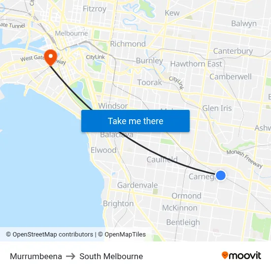 Murrumbeena to South Melbourne map