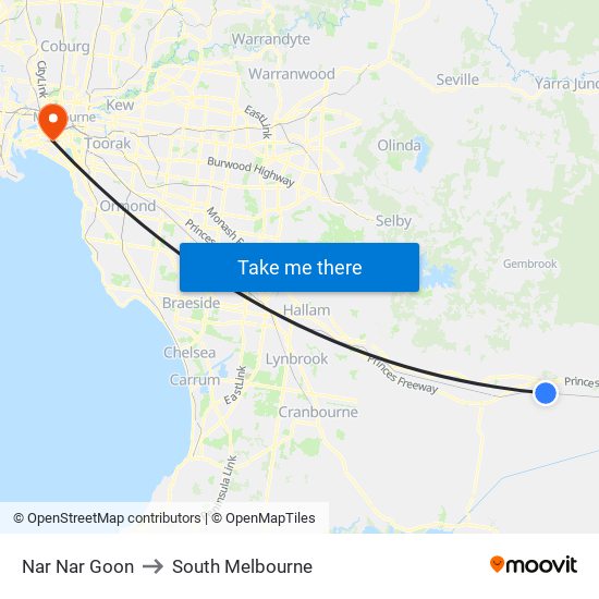 Nar Nar Goon to South Melbourne map