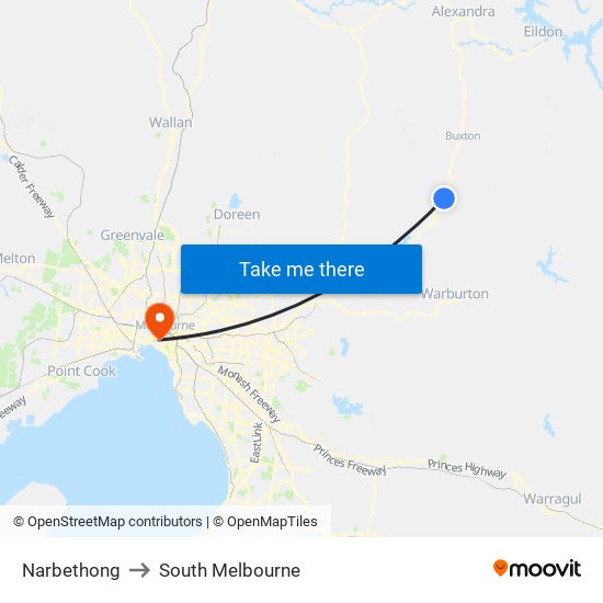 Narbethong to South Melbourne map