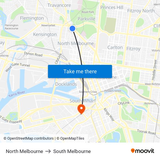 North Melbourne to South Melbourne map