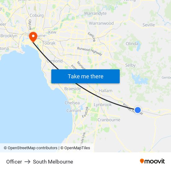 Officer to South Melbourne map