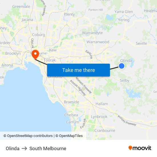 Olinda to South Melbourne map