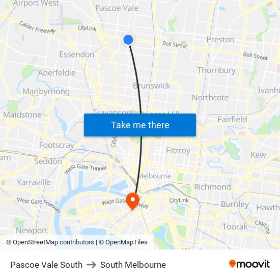 Pascoe Vale South to South Melbourne map