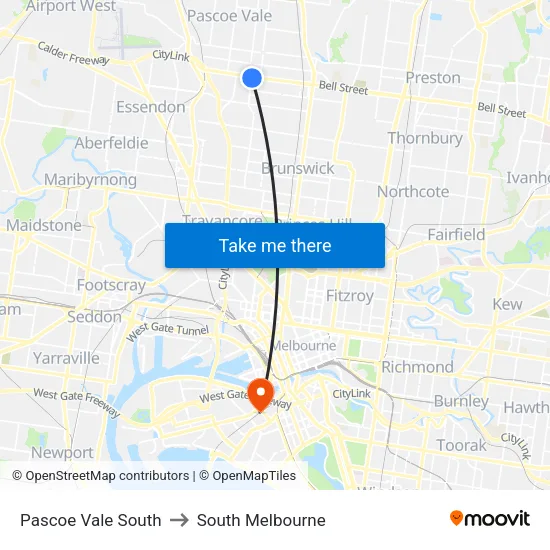 Pascoe Vale South to South Melbourne map