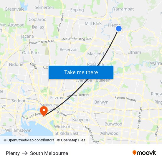 Plenty to South Melbourne map