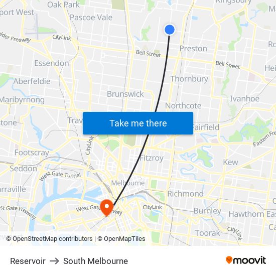 Reservoir to South Melbourne map