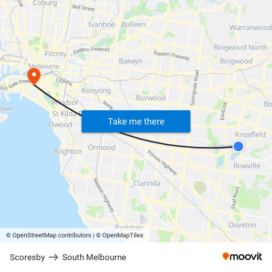 Scoresby to South Melbourne map