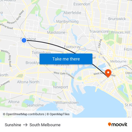 Sunshine to South Melbourne map