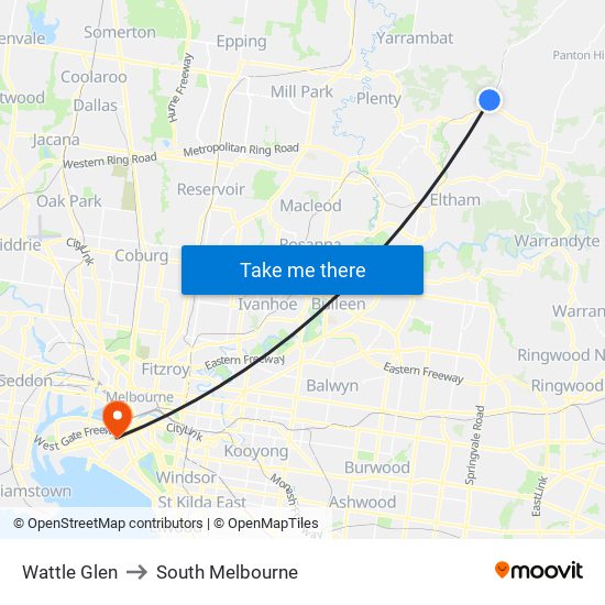 Wattle Glen to South Melbourne map