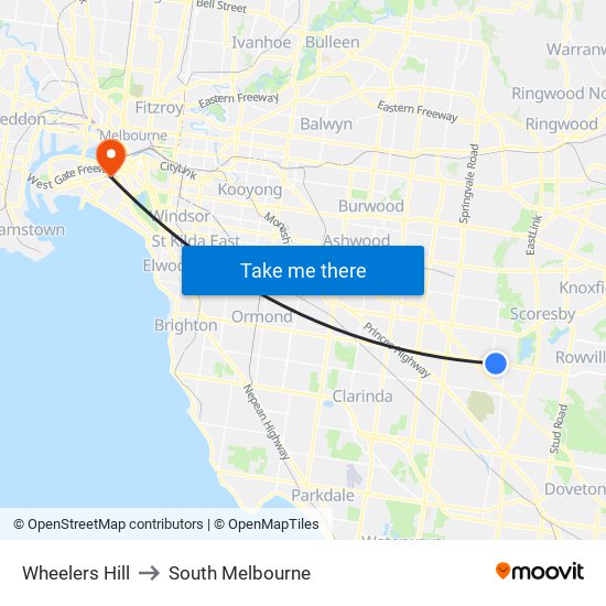 Wheelers Hill to South Melbourne map