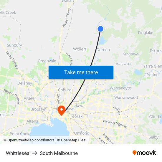 Whittlesea to South Melbourne map