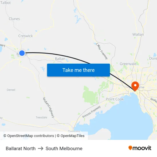 Ballarat North to South Melbourne map