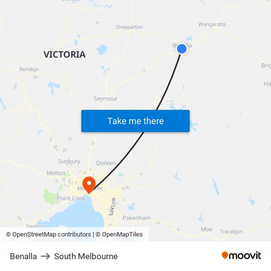 Benalla to South Melbourne map