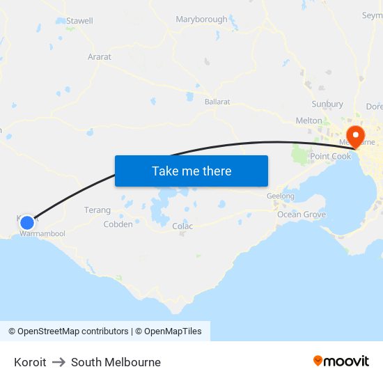 Koroit to South Melbourne map